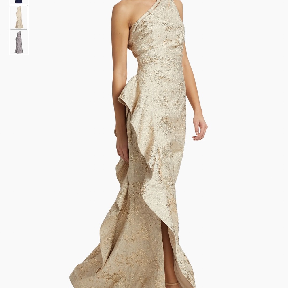 Rickie Freeman for Teri Jon One-Shoulder Gold Brocade Evening Gown